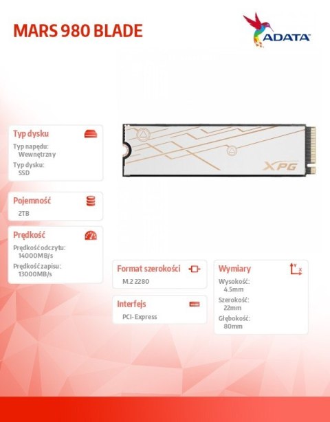 Dysk SSD XPG MARS 980 BLADE 2TB PCIe 5x4 14/13 GB/s M2