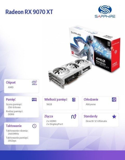 Karta graficzna Radeon RX 9070 XT PURE 16GB OC GDDR6 256bit 2DP/2HDMI