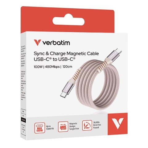 Verbatim USB kabel USB C (M) - USB C (M), 100W, 1.2m, magnetyczny, różowy, box, 31857