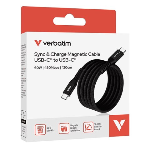 Verbatim USB kabel USB C (M) - USB C (M), 60W, 1.2m, magnetyczny, czarny, box, 31859
