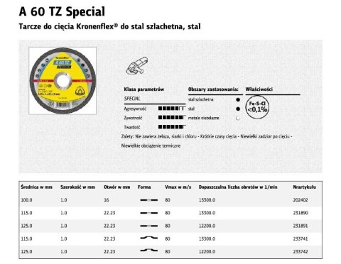 KLINGSPOR TARCZA DO CIĘCIA METALU 115mm x 1,0mm x 22,2mm A60 TZ Special