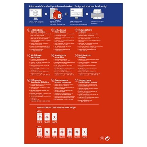 Avery Zweckform Identyfikatory samoprzylepne 80mm x 50mm, A4, białe, 10 etykiety, samoprzylepna/y, pakowane po 20 szt., L4785-20