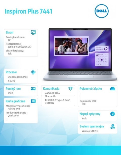 Laptop Inspiron Plus 7441/XPLUS10C/16GB/1TB SSD Gen4/14.0 QHD+ Touch/Adreno GPU/FgrPr/Cam & Mic/WLAN + BT/Backlit Kb/3 Cell/3Y B