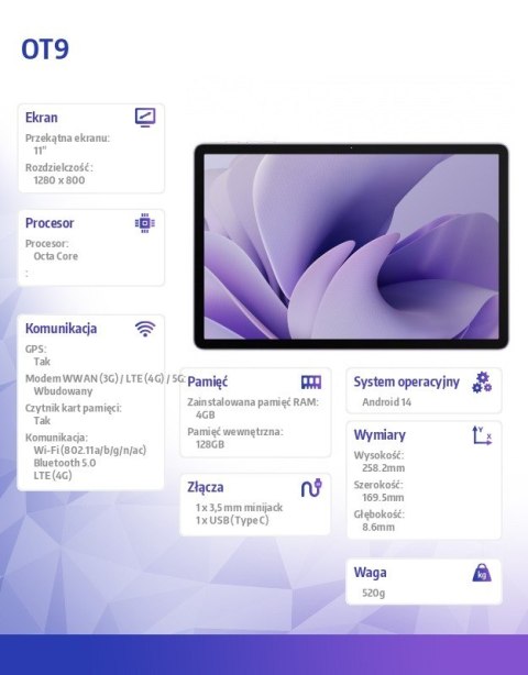 Tablet OT9 11 4/128GB bez ładowarki fioletowy
