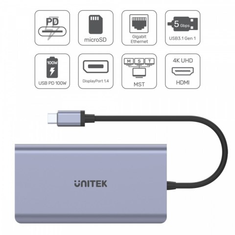 HUB USB-C 2x USB 3.1, HDMI 2.0, DP 1.4, RJ45, SD, PD 100W; D1056A