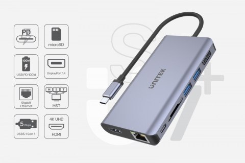 HUB USB-C 2x USB 3.1, HDMI 2.0, DP 1.4, RJ45, SD, PD 100W; D1056A