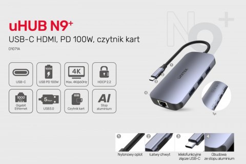 HUB USB-C 9w1, USB-C, HDMI 2.0, RJ45, PD 100W, czytnik SD; D1071A