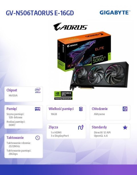 Karta graficzna GeForce RTX 5060 Ti AORUS ELITE 16G 128BIT GDDR7 HDMI/3DP