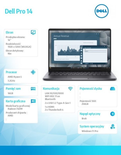 Laptop Dell Pro 14 PC14255/AMD Ryzen 5 220/16GB/256GB/14.0 FHD+/Radeon 740M/FgrPr/Cam & Mic/WLAN + BT/Backlit Kb/3 Cell/W11Pro