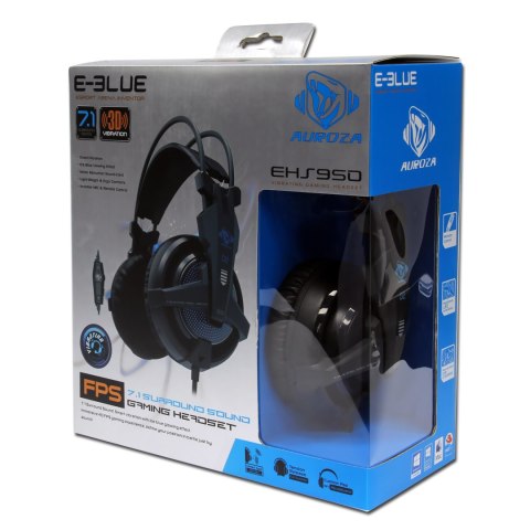 E-blue Auroza EHS950 FPS, Gaming Headset, słuchawki z mikrofonem, przewodowa, czarna, 7.1 surround (virtual), niebieskie podświe