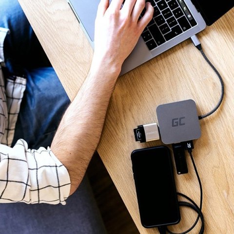 USB-C (3.0) hub 7-port, AK-61, szary, Green Cell, 3xUSB 3.0, HDMI 4K (30Hz), Ethernet 1Gbps, USB-C