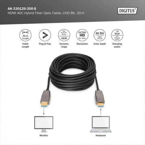 Kabel połączeniowy hybrydowy AOC HDMI 2.1 Ultra High Speed 8K/60Hz UHD HDMI A/HDMI A M/M 30m Czarny