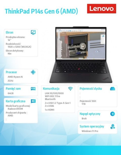 Mobilna stacja robocza ThinkPad P14s G6 AI 9 HX PRO 370/64GB/1TB/AMD Radeon/14.0 WUXGA/Black/3YRS Premier Support + CO2 Offset