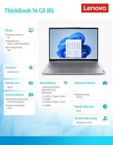 Notebook ThinkBook 14 G8 21SG00H8PB W11Pro i5-13420H/16GB/512GB/INT/14.0 WUXGA/Luna Grey/3YRS OS + CO2 Offset