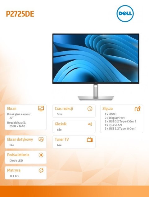 Monitor 27 cali P2725DE IPS QHD LED/RJ45/HDMI/DP/USBC/3Y