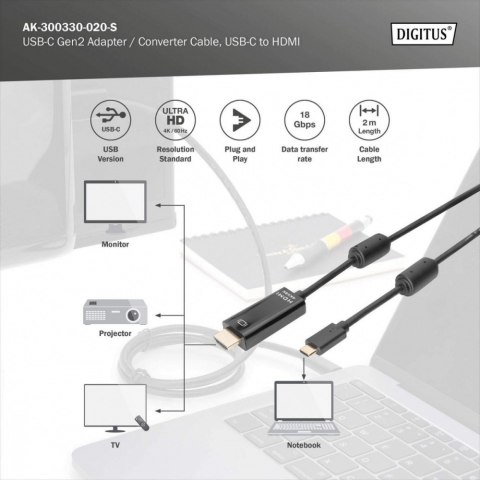 Kabel USB Type-C/HDMI M/M USB 3.1 Gen.2 SuperSpeed+ 4K/60Hz 18Gbps 2m czarny
