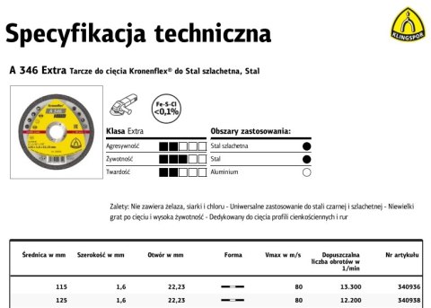 KLINGSPOR TARCZA DO CIĘCIA METALU 115mm x 1,6mm x 22,2mm A346 Extra