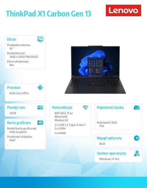 Ultrabook ThinkPad X1 Carbon G13 21NX009BPB W11Pro Ultra 7 255U/32GB/1TB/INT/14.0 WUXGA/Black/3YRS Premier Support Plus + CO2 Of