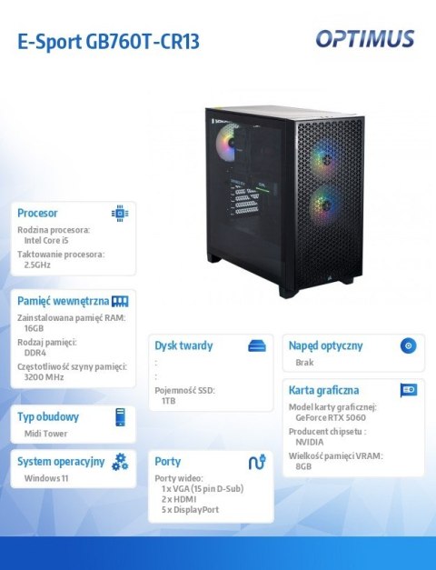 Komputer E-Sport GB760T-CR18 i5-14400F/16GB/1TB/RTX 5060 8GB/W11