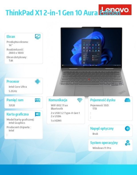 Ultrabook Thinkpad X1 2-in-1 Gen10 21Q000A2PB W11Pro Ultra 7 255U/32GB/1TB/INT/14.0 2.8K/Touch/Grey/3YRS Premier Support + CO2 O