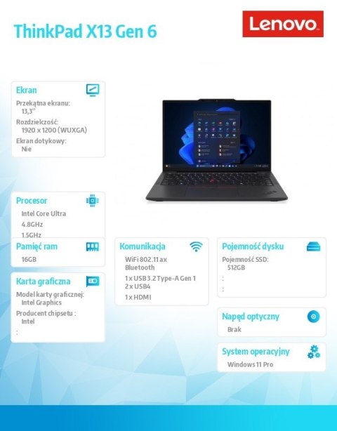 Ultrabook ThinkPad X13 G6 21RK005QPB W11Pro Ultra 5 225U/16GB/512GB/INT/13.3 WUXGA/Black/3YRS Premier Support + CO2 Offset
