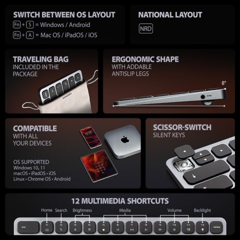 Klawiatura HMC-KB-NRD USB-C 5Gbps z wieloportowy hub 9in1, SD/microSD, 3x USB-A, HDMI 4K/60Hz, PD 100W, Audio, Nordic layout, 60