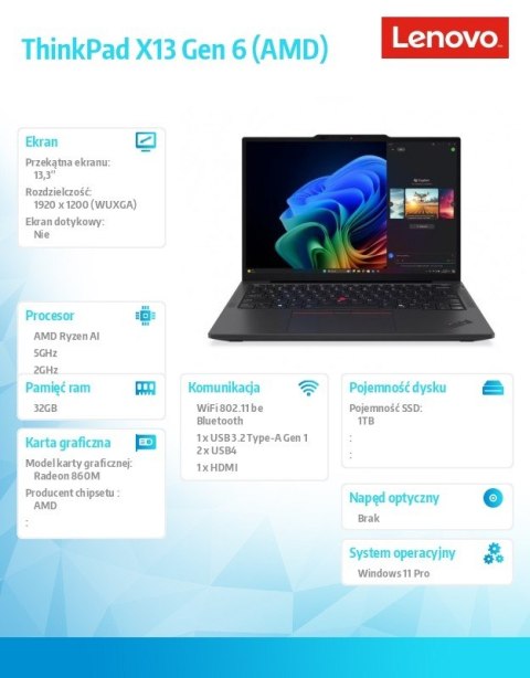 Ultrabook ThinkPad X13 G6 21RM001RPB W11Pro 7 PRO 350/32GB/1TB/INT/13.3 WUXGA/Black/3YRS Premier Support + CO2 Offset