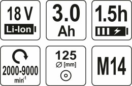 YATO SZLIFIERKA KĄTOWA BEZSZCZOTKOWA 18V 125mm 1x3,0Ah