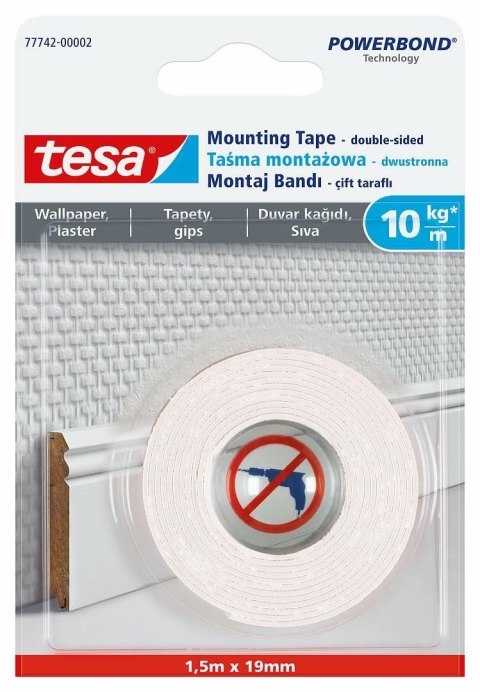 TESA TAŚMA DWUSTRONNA POWERBOND 1,5m x 19mm NA TAPETY I TYNK