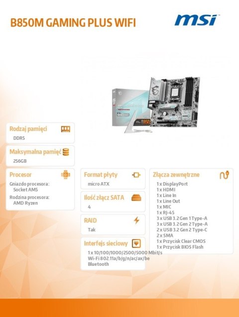 Płyta główna B850M GAMING PLUS WIFI AM5 4DDR5 mATX