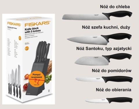FISKARS ZESTAW 5 NOŻY W BLOKU CZARNYM