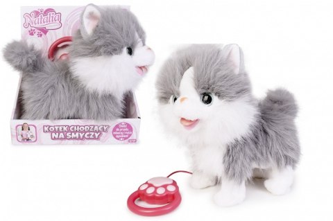 Maskotka interaktywna Kot chodzący na smyczy szaro-biały