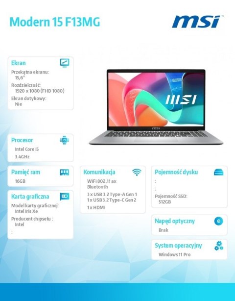 Notebook Modern 15 F13MG-443PL WIN11PRO/Raptor Lake i5-1334U/16GB/512SSD/IrisXe/15.6''/3Y