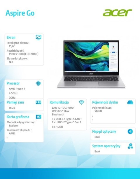 Laptop Aspire Go 15 AG15-42P-R40Z Ryzen 7 5825U 15.6 FHD 16GB 512GB NoOS Srebrny