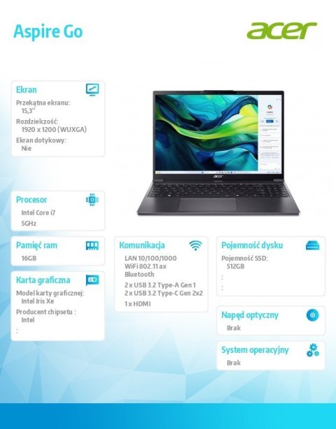 Laptop Aspire Go 15 AG15-51P-78K5 i7-1355U 15.3 WUXGA 16GB 512GB NoOS Szary