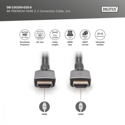 Kabel Premium połączeniowy HDMI 2.1 Ultra HighSpeed 8K60Hz UHD Typ HDMI A/A M/M 2m Czarny