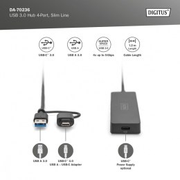 Hub USB 3.0/Koncentrator 4-portowy SlimLine USB A + adapter USB-C 1,2m 5Gbps, złącze zasilania USB-C