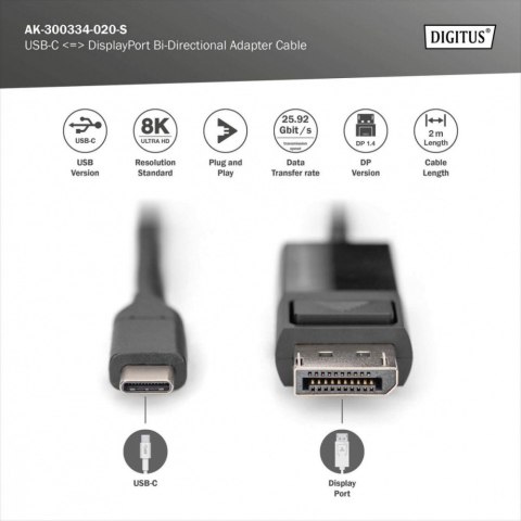 Kabel adapter USB Typ C/DisplayPort dwukierunkowy 8K 30Hz 2m