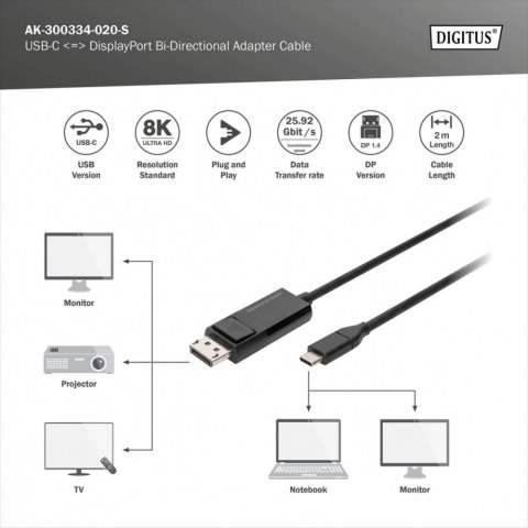 Kabel adapter USB Typ C/DisplayPort dwukierunkowy 8K 30Hz 2m