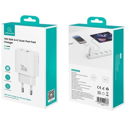 Ładowarka sieciowa 30W 1xUSB-C 1xUSB-A Fast charging Biała