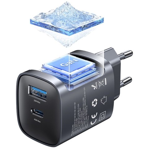 Ładowarka sieciowa T66 45W CC290 GaN Fast charge 1xUSB-A 1xUSB-C srebrny