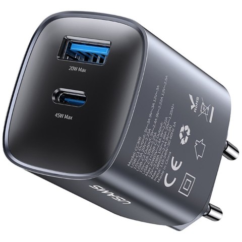 Ładowarka sieciowa T66 45W CC290 GaN Fast charge 1xUSB-A 1xUSB-C srebrny
