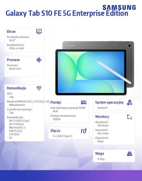 Tablet Galaxy Tab S10 FE X526 10.9 cala 5G 8/128GB Enterprise Edition szary