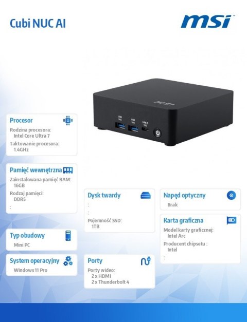 MiniPC Cubi NUC AI 1UMG-06SEU W11PRO/ICU7/16GB/1T/WiFI/BT5.3/czarny