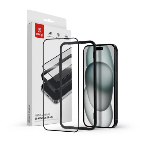 Szkło hartowane Anti-Bacterial 3D Armour Glass 9H na cały ekran iPhone 16 / iPhone 15 z ramką instalacyjną