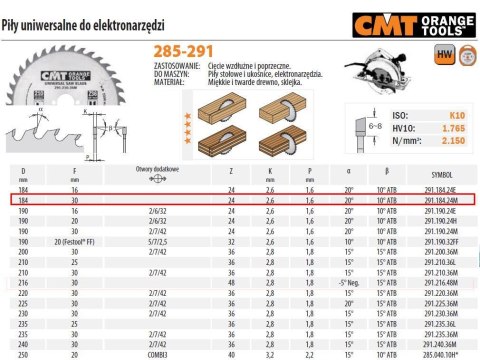 PIŁA UNIWERSALNA, DO CIĘCIA WZDŁUŻNEGO I POPRZECZNEGO HM D=184 F=30 Z=24 K=2,6/1,6