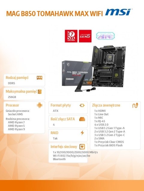 Płyta główna MAG B850 TOMAHAWK MAX WIFI AM5 4DDR5 ATX
