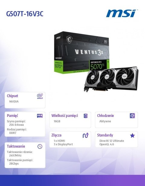 Karta graficzna GeForce RTX 5070 Ti 16G VENTUS 3X OC GDDR7 256bit HDMI/3DP
