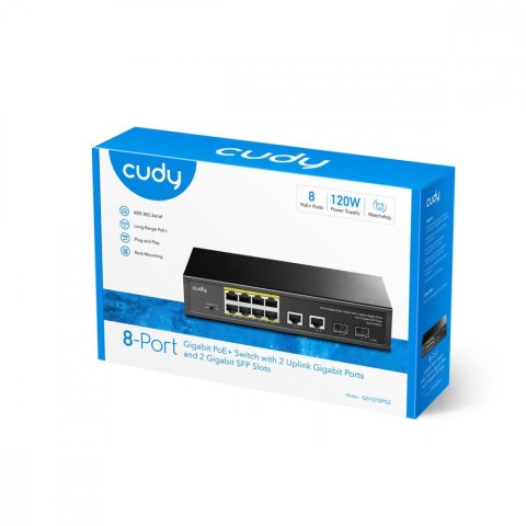 Przełącznik GS1010P 8-Port Gigabit PoE+ Switch with 2 Gigabit Uplink ports and 2 Gigabit SFP slot 120W
