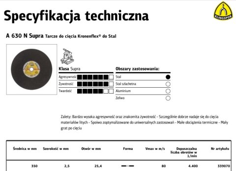 KLINGSPOR TARCZA DO CIĘCIA METALU 350mm x 2,5mm x 25,4mm A630N Supra